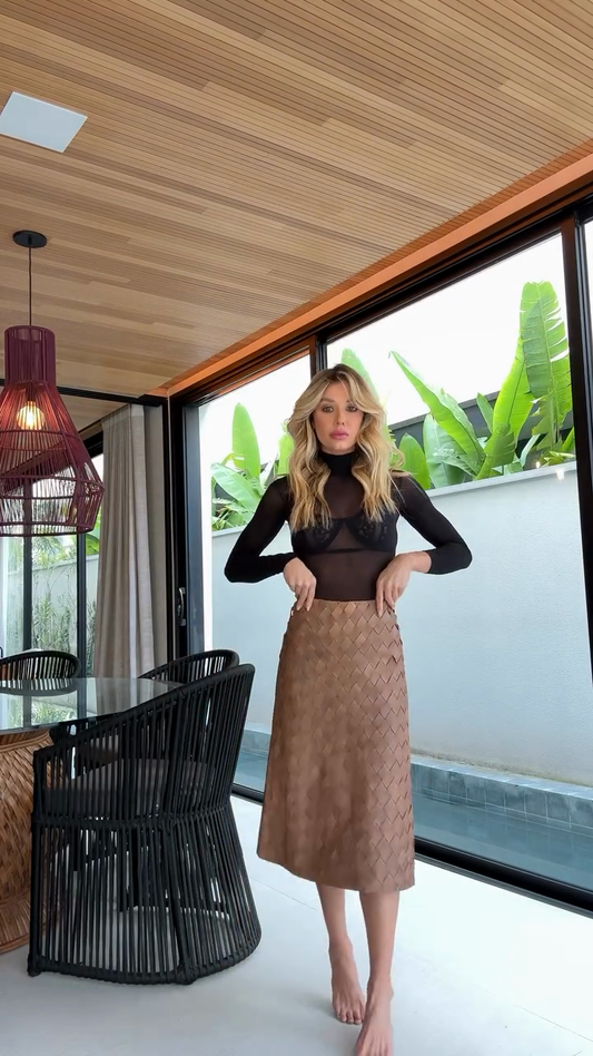 Brown Woven Leather Midi Skirt