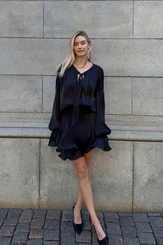 Tie - Neck Lantern - Sleeve Mini Dress