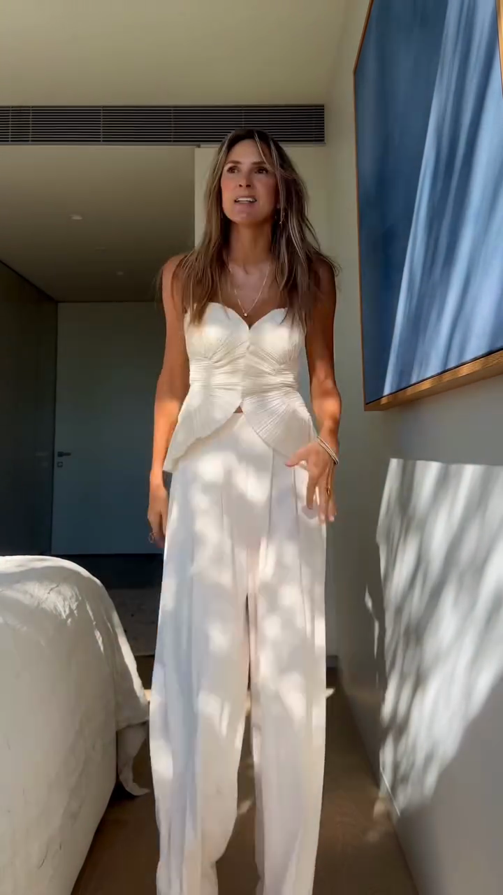 White Strapless Ruched Top and Wide - Leg Pants Set