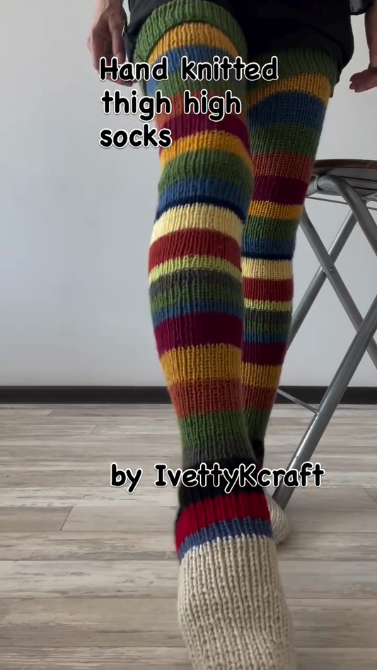 Hand - Knitted Rainbow Striped Thigh - High Socks