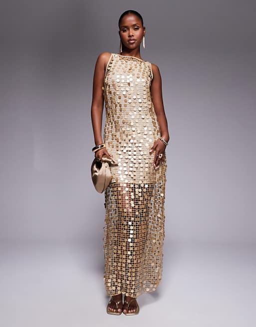Gold Disc - Embellished Sheer Maxi Dress