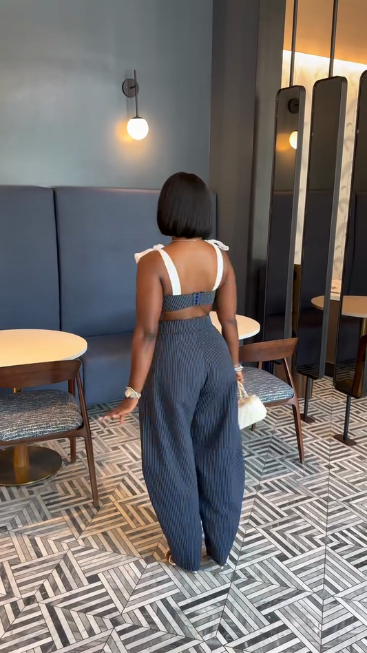 Striped Bow - Strap Crop Top & Wide - Leg Pants Set