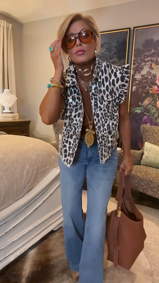 Leopard - Print Sleeveless Denim Vest