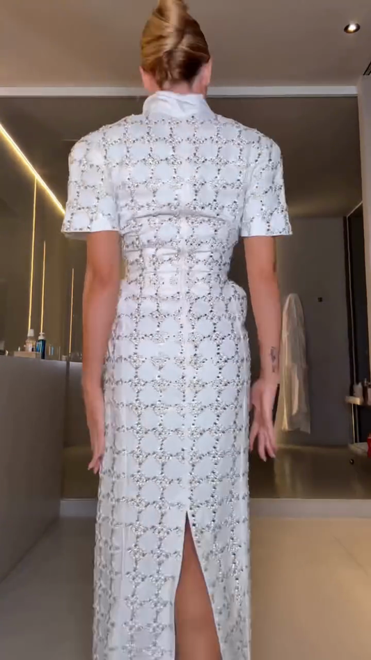 White Lace Midi Dress with Shirt Collar