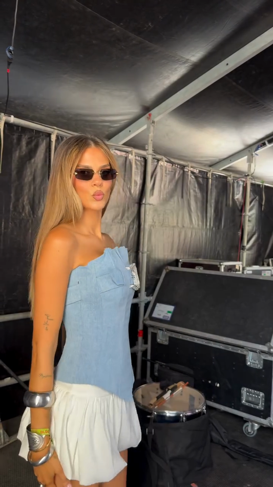 Blue Denim Strapless Corset Top & White Skirt Set