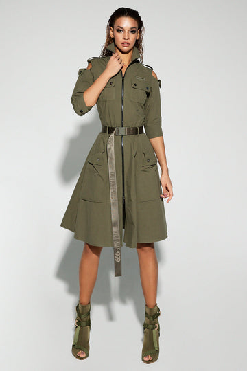 Olive Green Utility - Style Dress with Cut - Out Shoulders