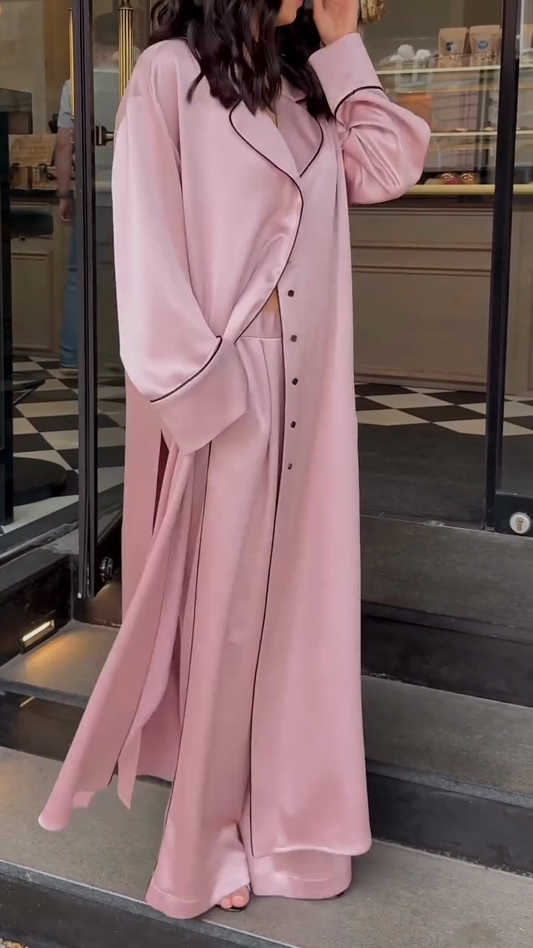 Pink Satin Long Robe & Pants Set