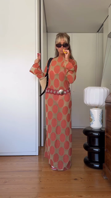 Orange Polka - Dot Long - Sleeve Maxi Dress