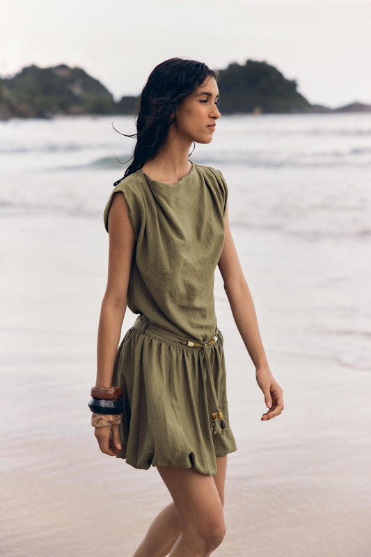 Olive Green Top and Shorts Set with Beaded Belt