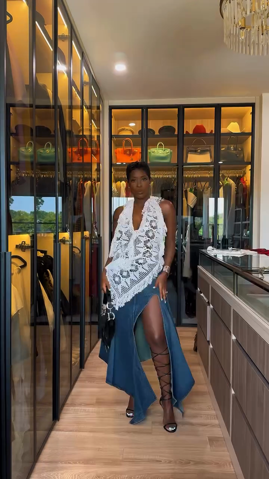 White Crochet Halter Top & Denim Slit Skirt Set