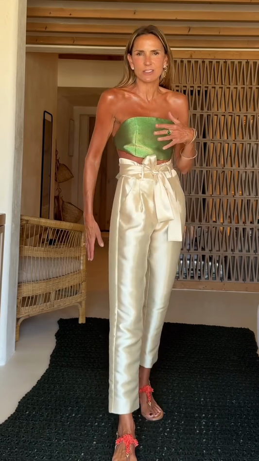 Green Strapless Crop Top with Satin Trousers Set