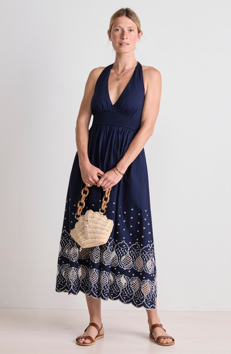 Navy Blue Embroidered Hem Halter Neck Midi Dress