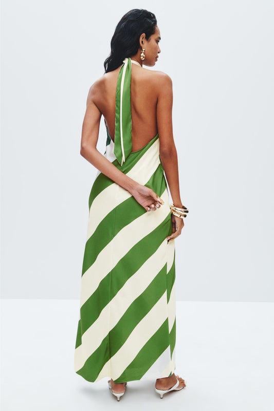 Green and White Striped Halter Maxi Dress