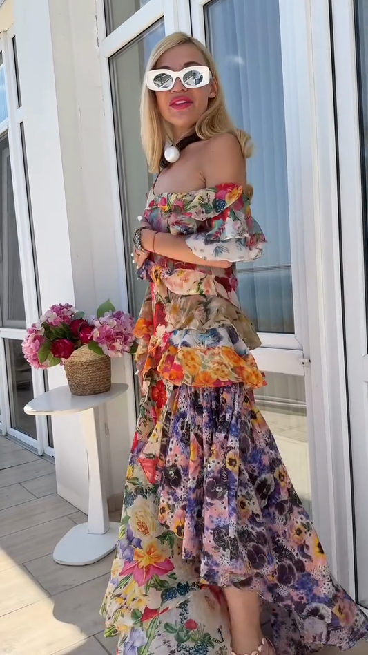 Colorful Floral Print Asymmetric Ruffle Dress