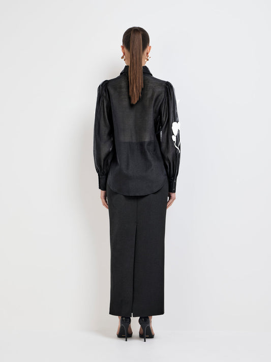 Black and White Floral - Applique Shirt & Maxi Skirt Set