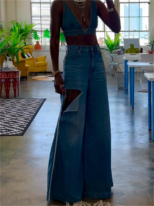 Denim Crop Top & Cutout Wide - Leg Jeans Set