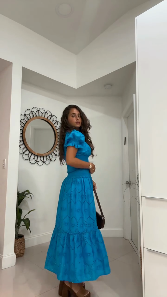 Blue Eyelet Puff - Sleeve Crop Top & Maxi Skirt Set