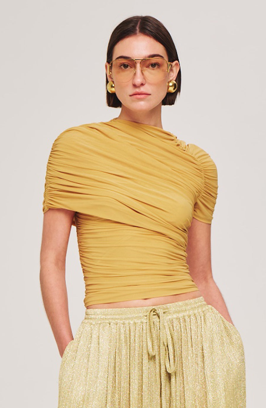 Mustard Yellow Ruched Asymmetric Top