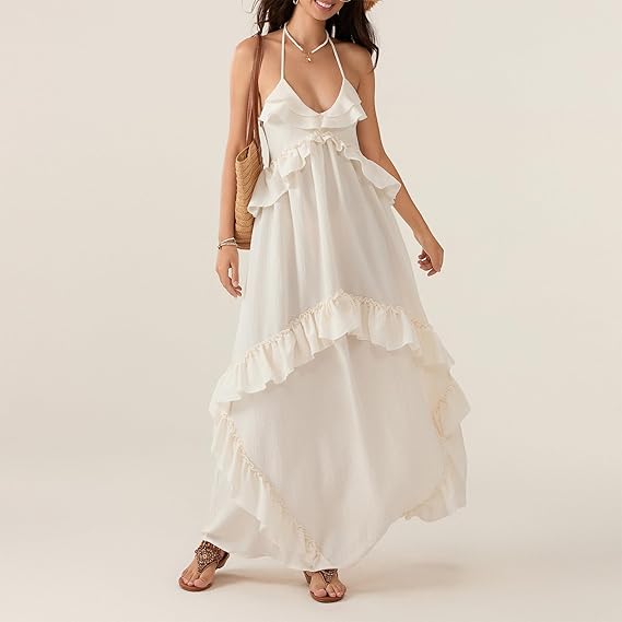 White Halter - neck Tiered Ruffle Maxi Dress
