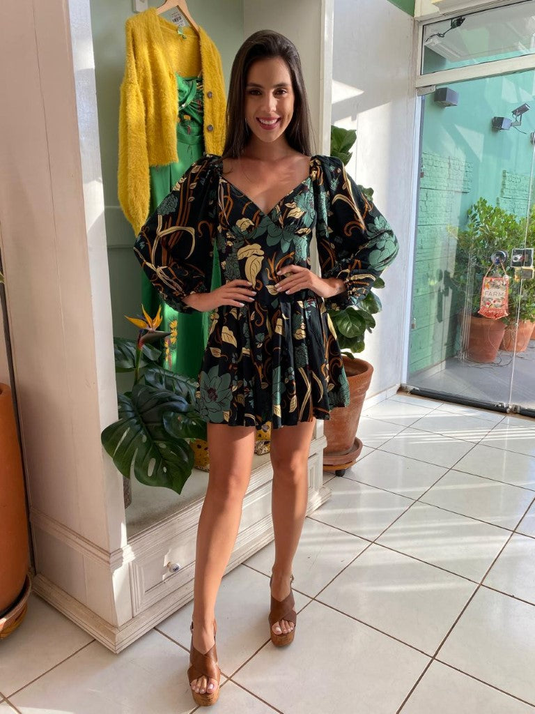 Floral Print Puff - Sleeve Mini Dress