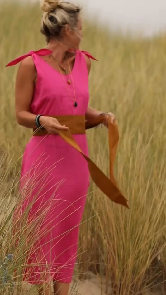 Bright Pink Sleeveless Bow Midi Dress