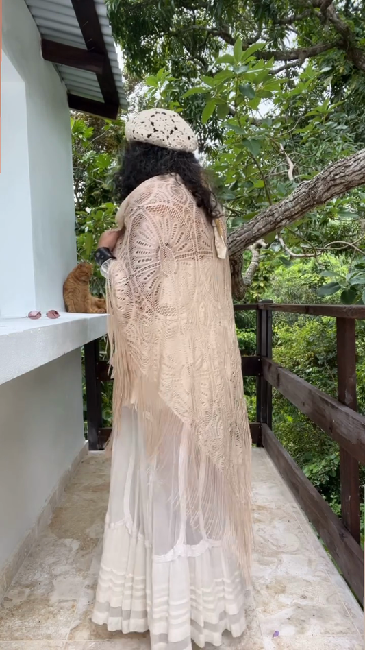 Bohemian White Crochet Top with Sheer Maxi Skirt and Fringed Shawl