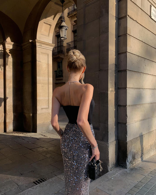 Black Corset Top with Sequin Maxi Dress