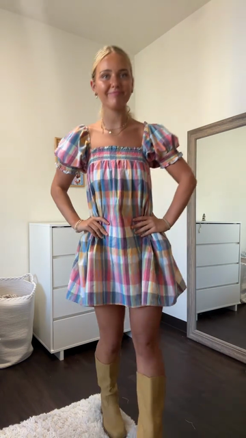 Plaid Puff Sleeve Mini Dress