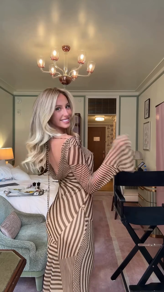 Brown and Tan Striped Off - the - Shoulder Maxi Dress