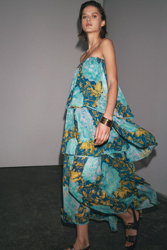 Blue Strapless Tiered Floral Maxi Dress