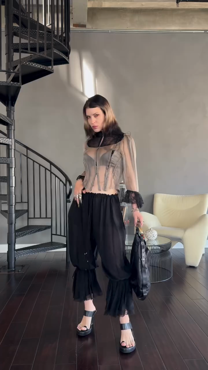 Sheer Mesh Cropped Top and Black Ruffled Harem Pants Set