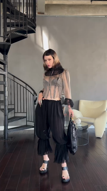 Sheer Mesh Cropped Top and Black Ruffled Harem Pants Set