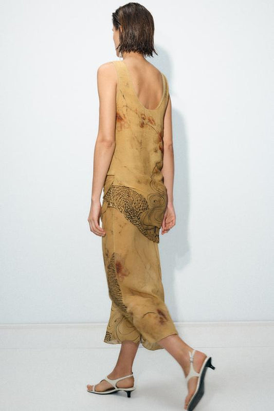 Yellow Floral Print Sleeveless Midi Dress