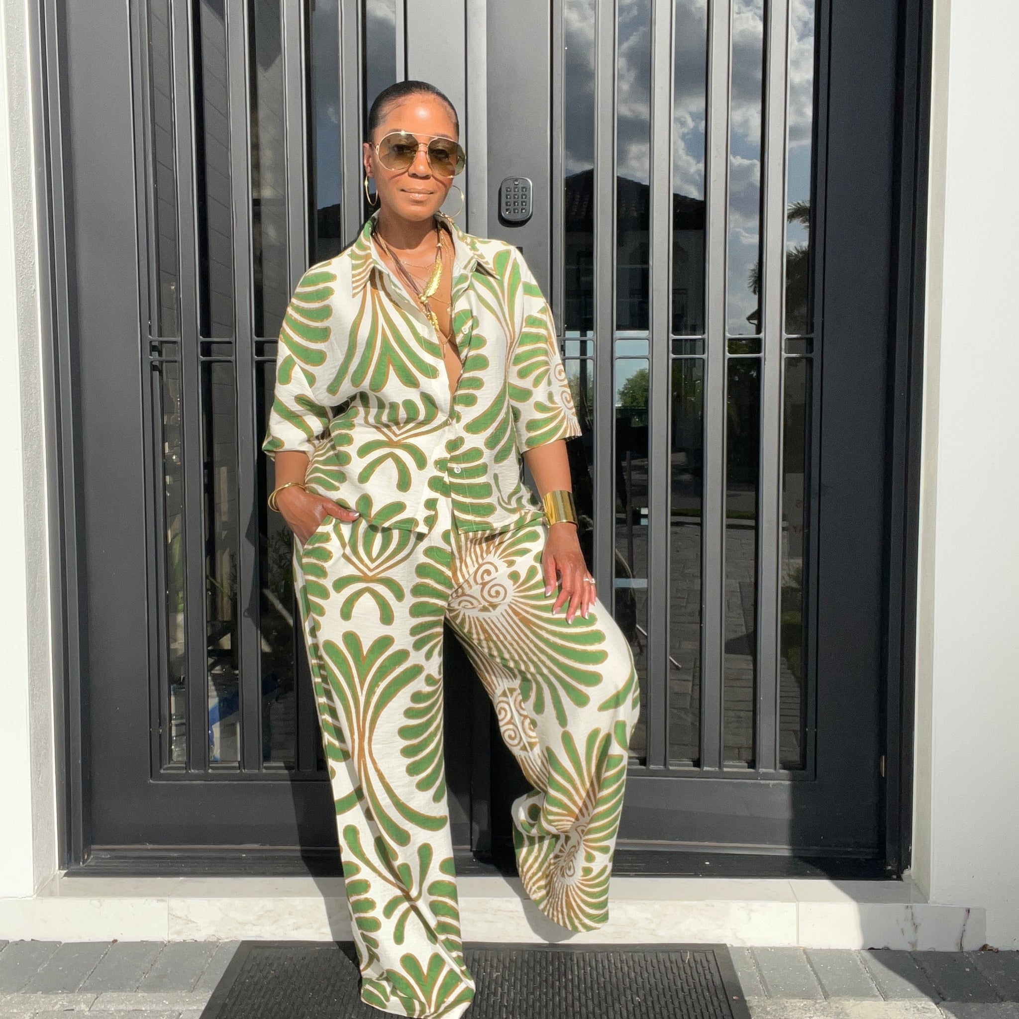 Green - Print Shirt & Wide - Leg Pants Set