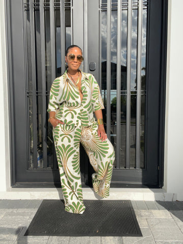 Green - Print Shirt & Wide - Leg Pants Set