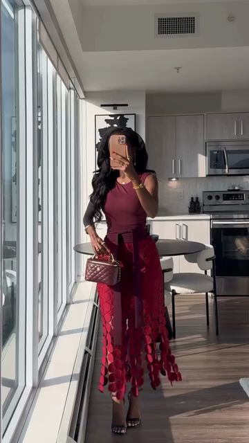 Burgundy Top & Red Disc - Detailed Skirt Set