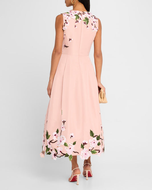 Pink Floral - Embroidered Sleeveless Midi Dress
