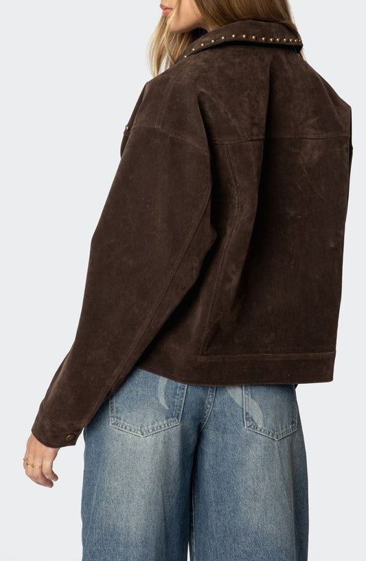 Brown Suede Studded Cropped Jacket