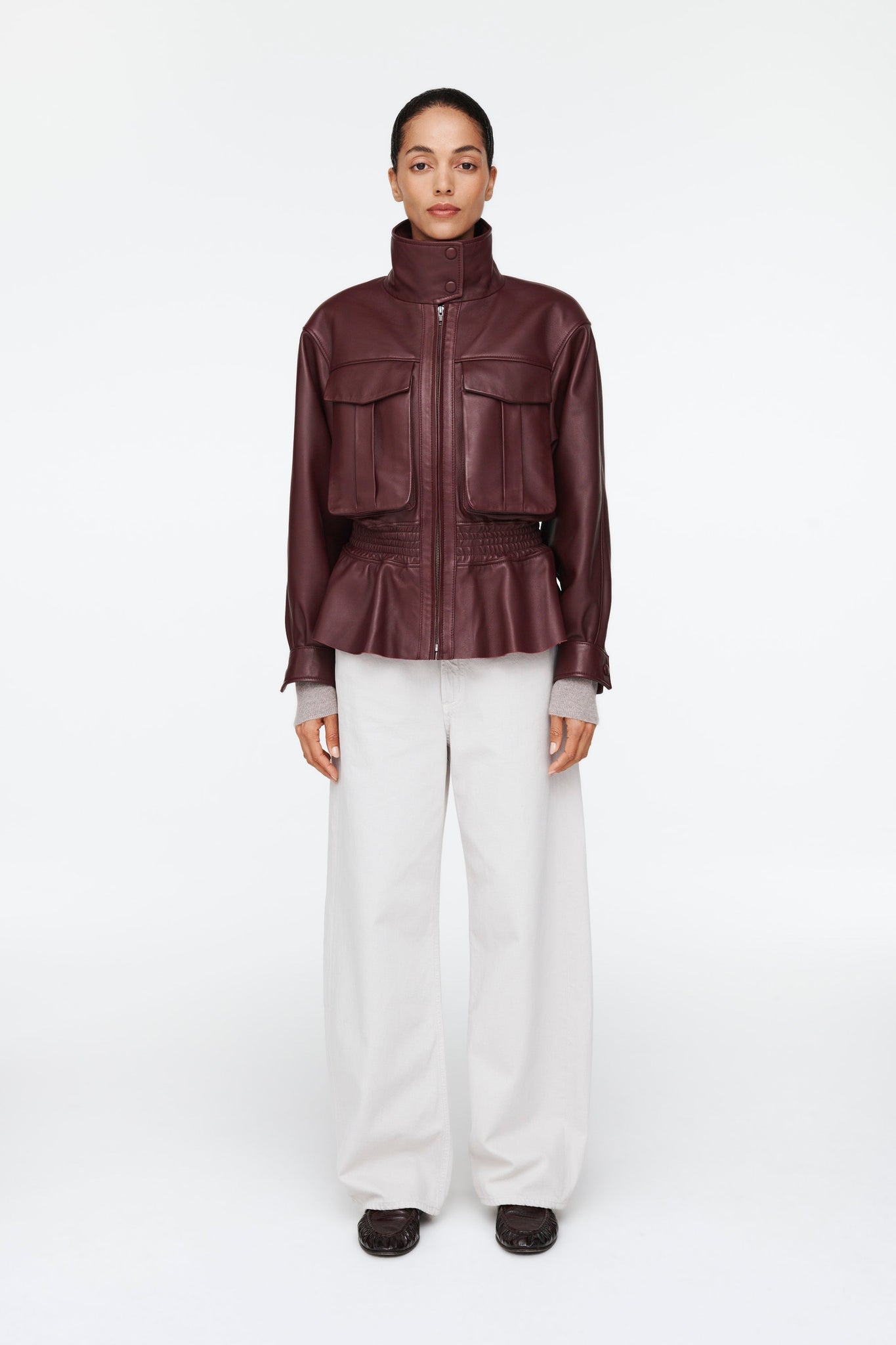 Burgundy Leather Peplum Jacket