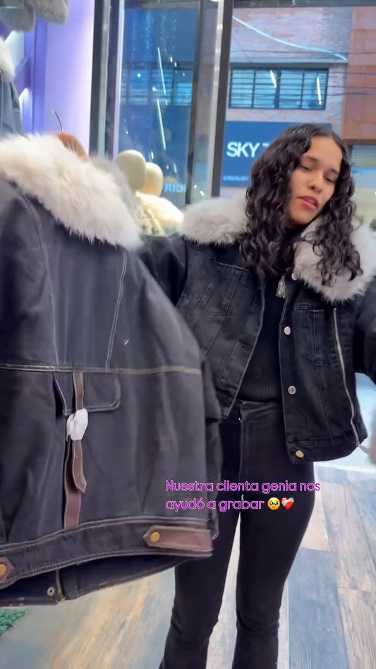 Denim Jacket with White Fur Accents