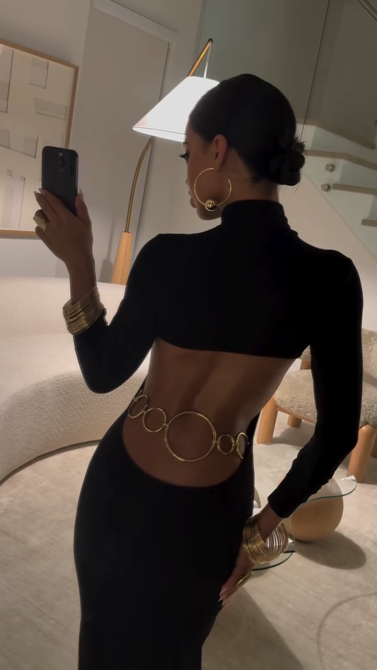 Gold Belt Black Backless Maxi Dress