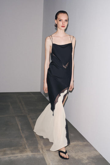 Black and Cream Lace - Trimmed Slip Dress