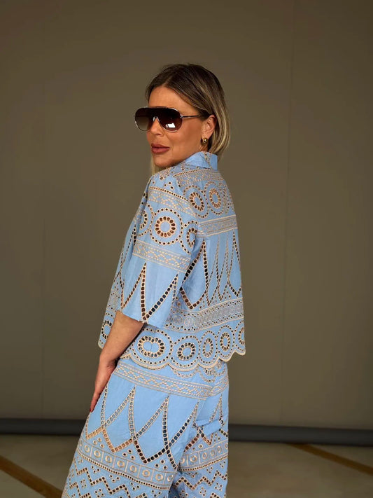 Light Blue Eyelet Embroidered Short - sleeved Shirt and Flared Pants Set