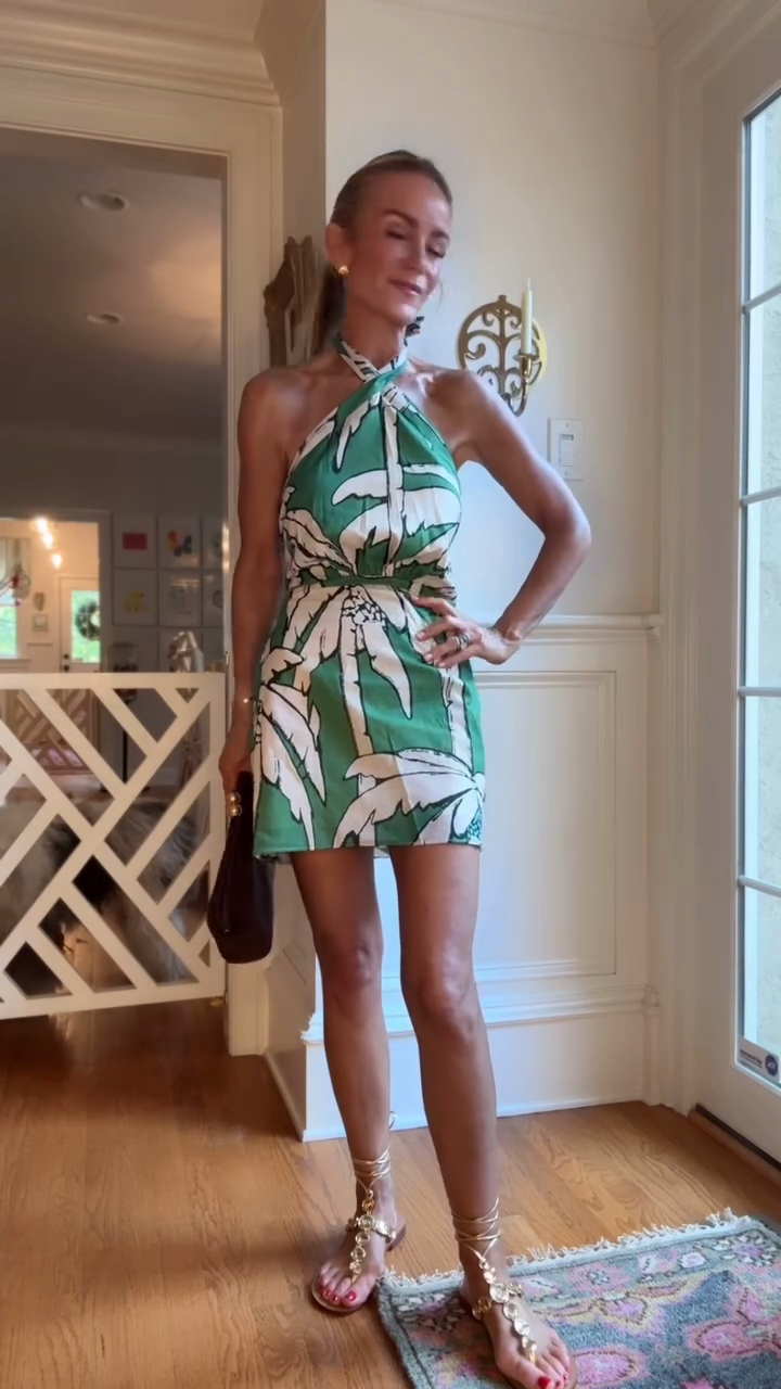 Green Palm Tree - Print Halter Cut - Out Dress