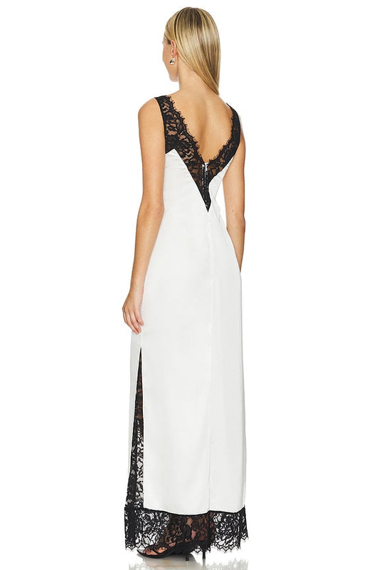 White Maxi Dress with Black Lace Accents