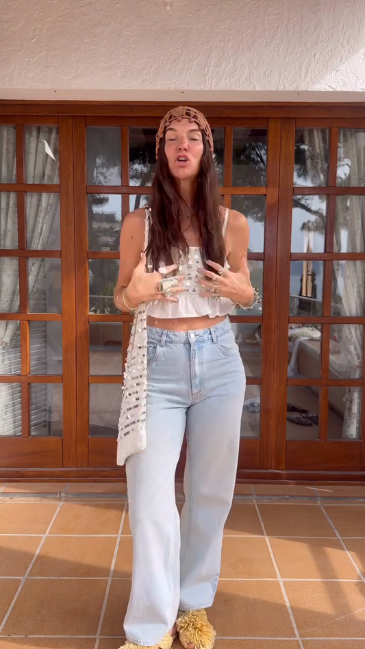 Embellished White Crop Top with Light - Blue Jeans Set