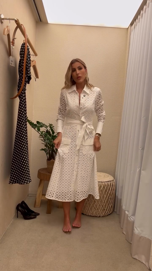White Eyelet Embroidered Shirt Dress