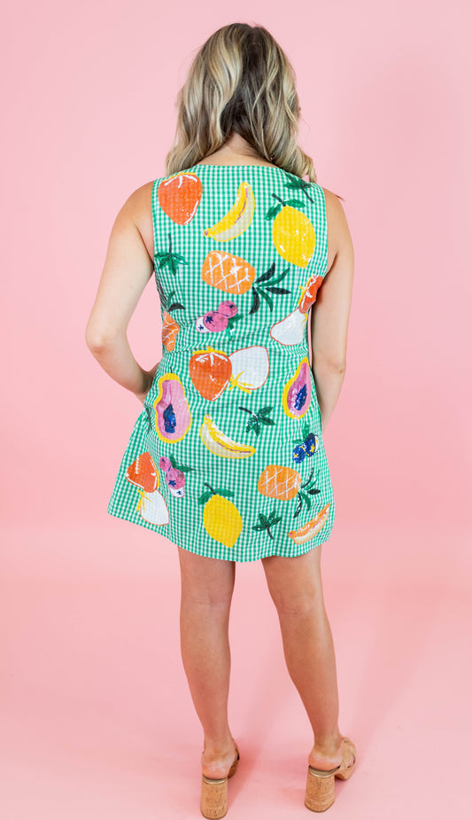 Green Gingham Fruit - Print Sleeveless Dress