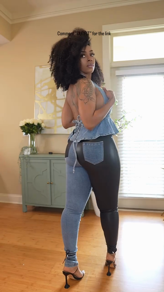 Asymmetric Denim & Faux Leather Two - Piece Set