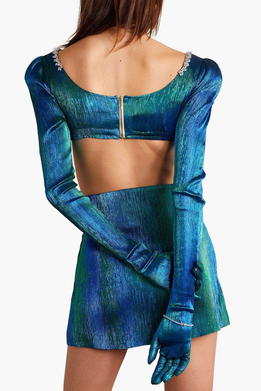 Iridescent Teal Puff - Sleeve Crop Top and Mini Skirt Set